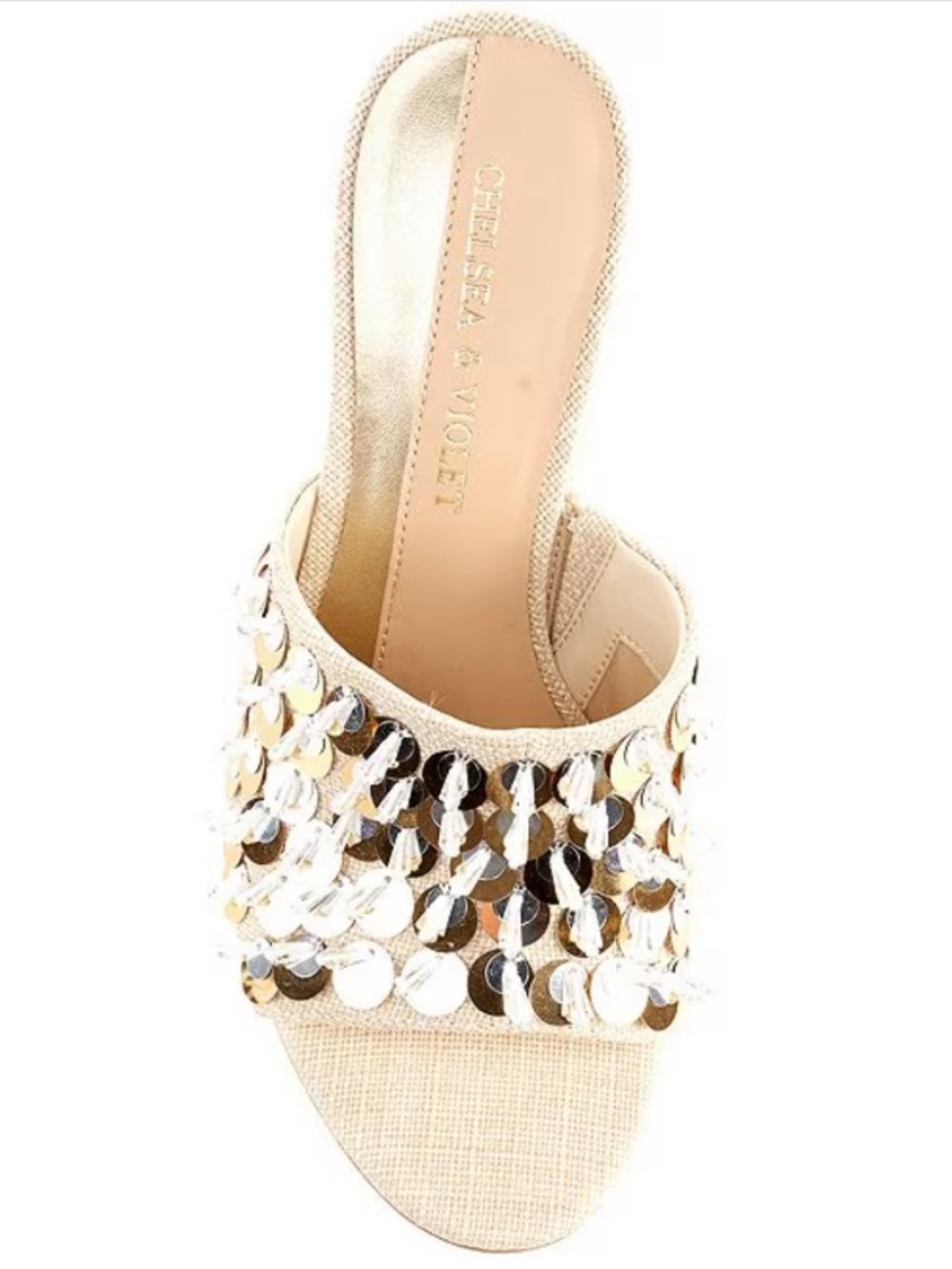 Chelsea & Violet Piperr Linen Ornamented Sequin Fringe Heeled Slide Sandals NEW - Picture 2 of 12